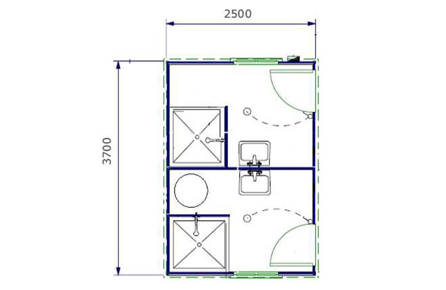Portable shower unit blueprint that shows the measurements of a unit consisting of two separate shower rooms