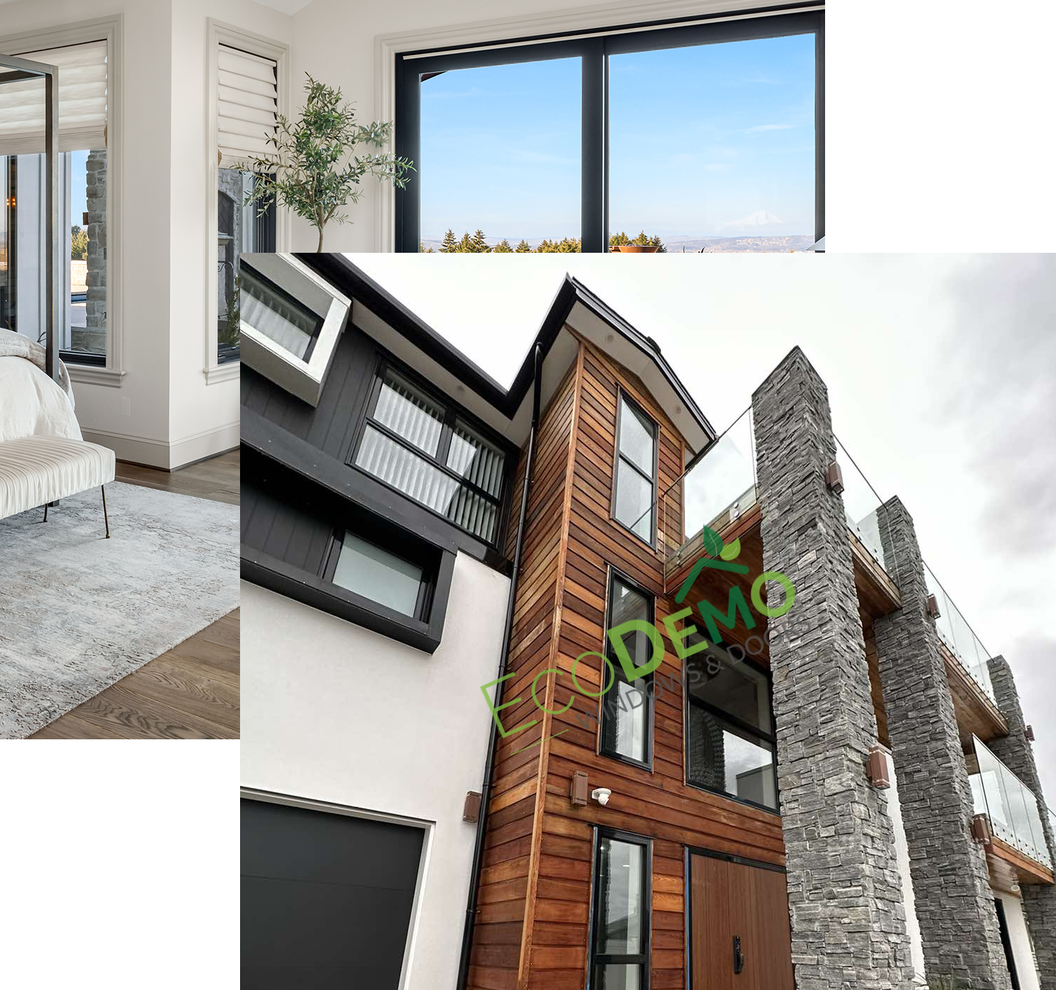 2 images of interior and exterior home with Aluminium Windows and Doors Manufactured by EcoDemo