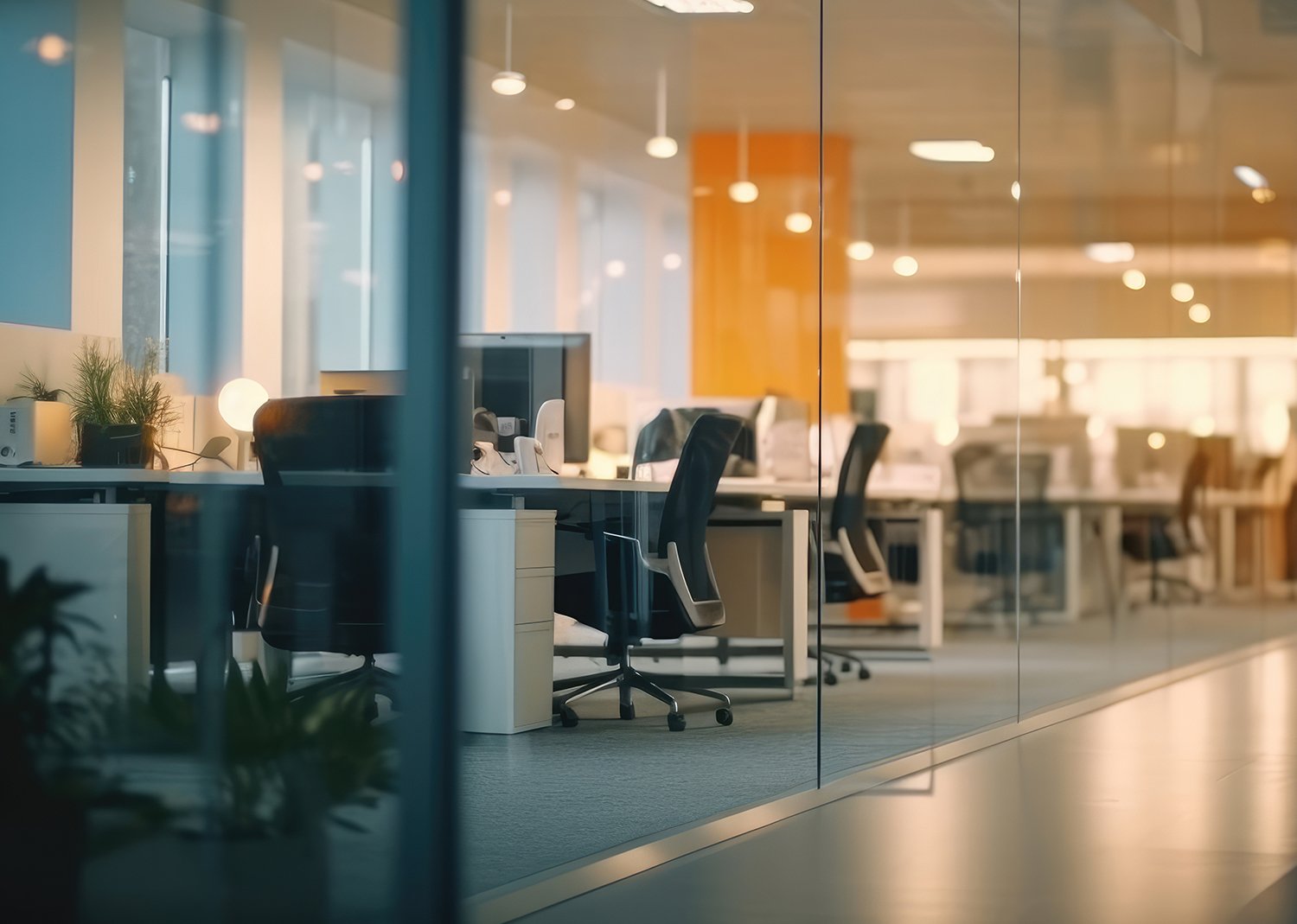 Image through the glass windows of an office that is well lit - links to commercial electrical page