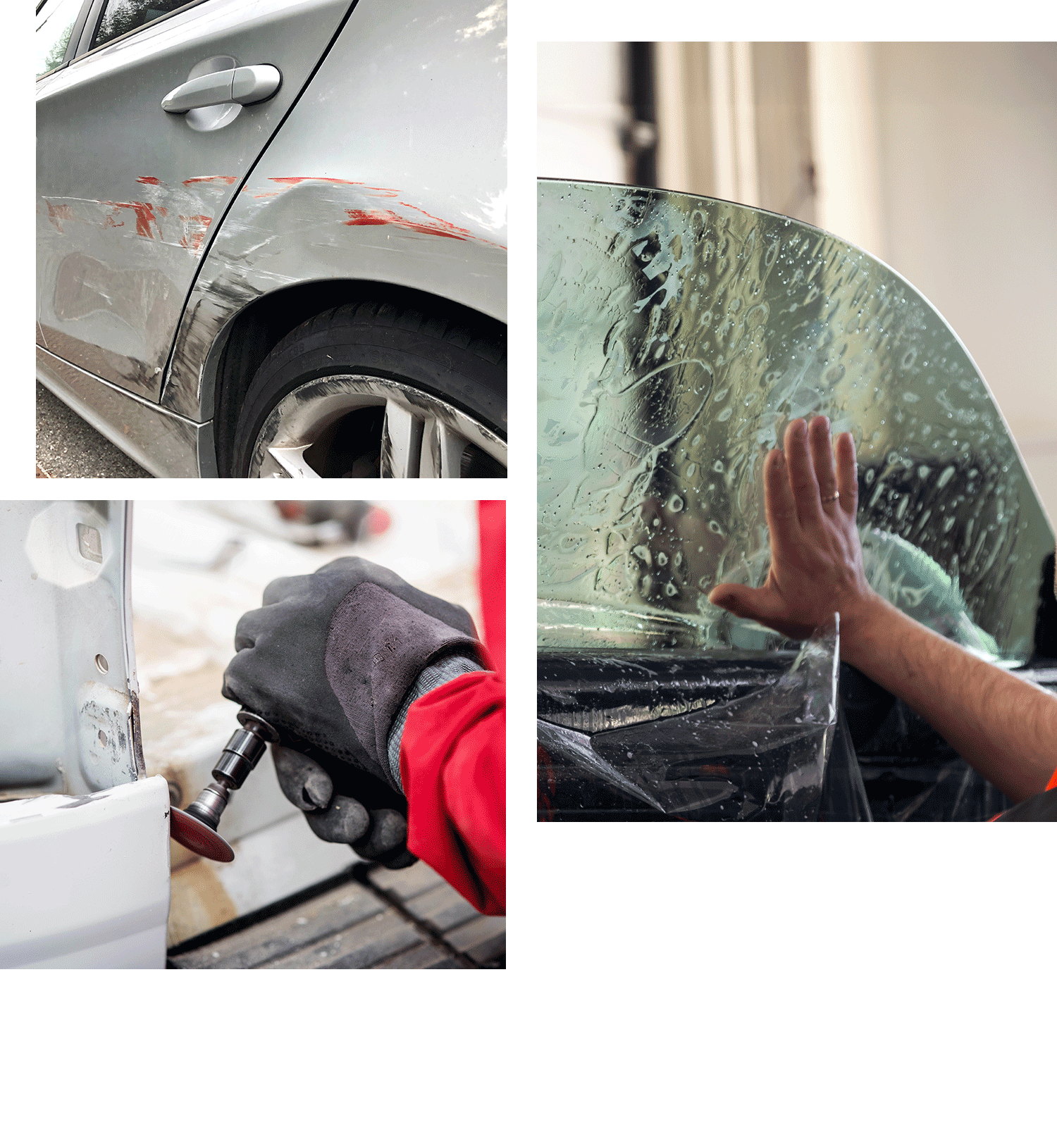 Four images depicting a damaged vehicle, panel beating repairs being done and car window being tinted