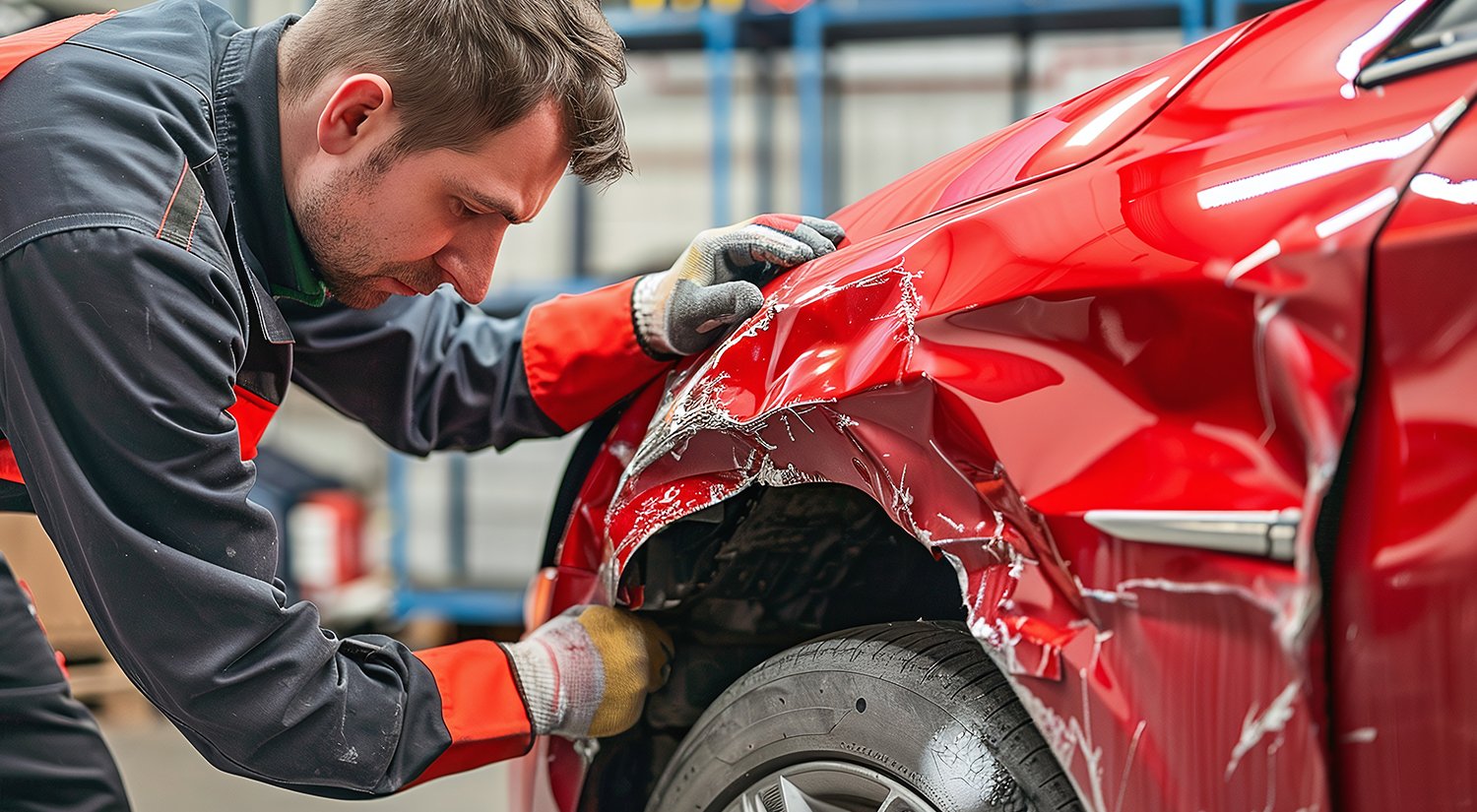 Picture of a man inspecting a damaged front left panel on a red car - links to the Panel Beating page