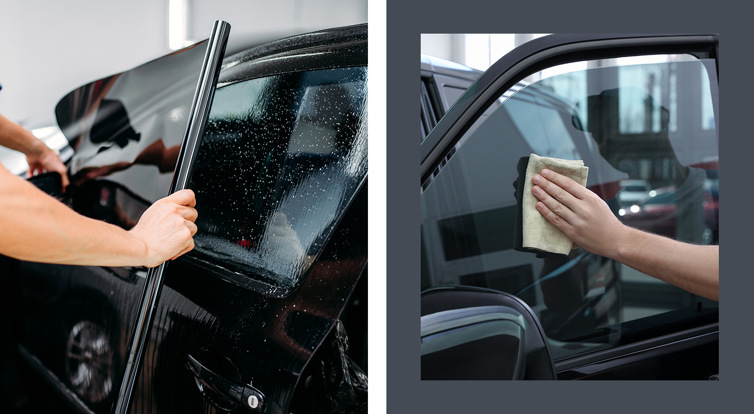 Pictured on the left is a persons hands applying tint wrap to a car passenger side window, on the right is a mans hands smoothing a freshly tinted window with a soft cloth - links to Window Tinting page 