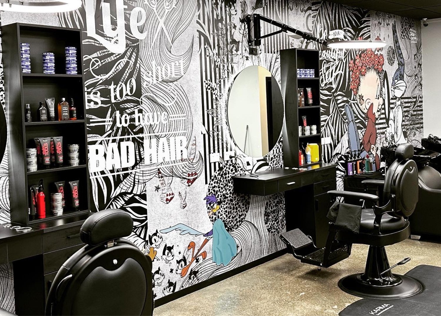 	Inside the Beauty and the Barbers Hair and Beauty Salon in Napier showing their decorative feature wallpaper