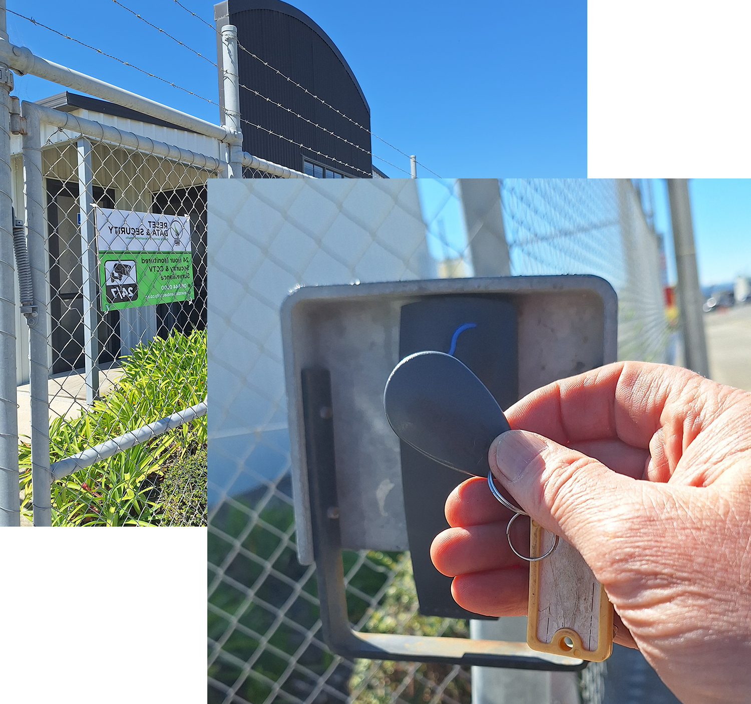 Image of a Man's hand scanning the keytag to gain access at the gate to the Storage Facility