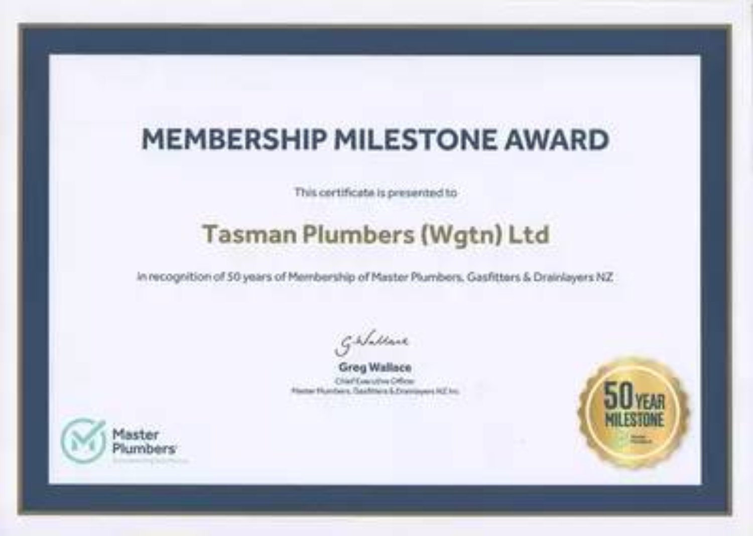 Tasman Plumbers - Master Plumber certificate