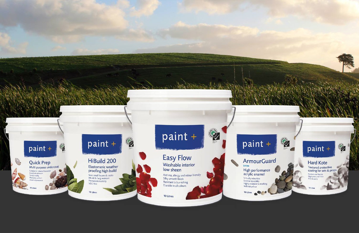 Five different large buckets of paint from paint+ displayed with grass in the background