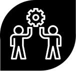 White outline of two people and a gear in a black leaf shape