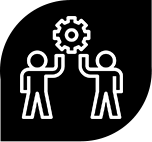 White outline of two people and a gear in a black leaf shape
