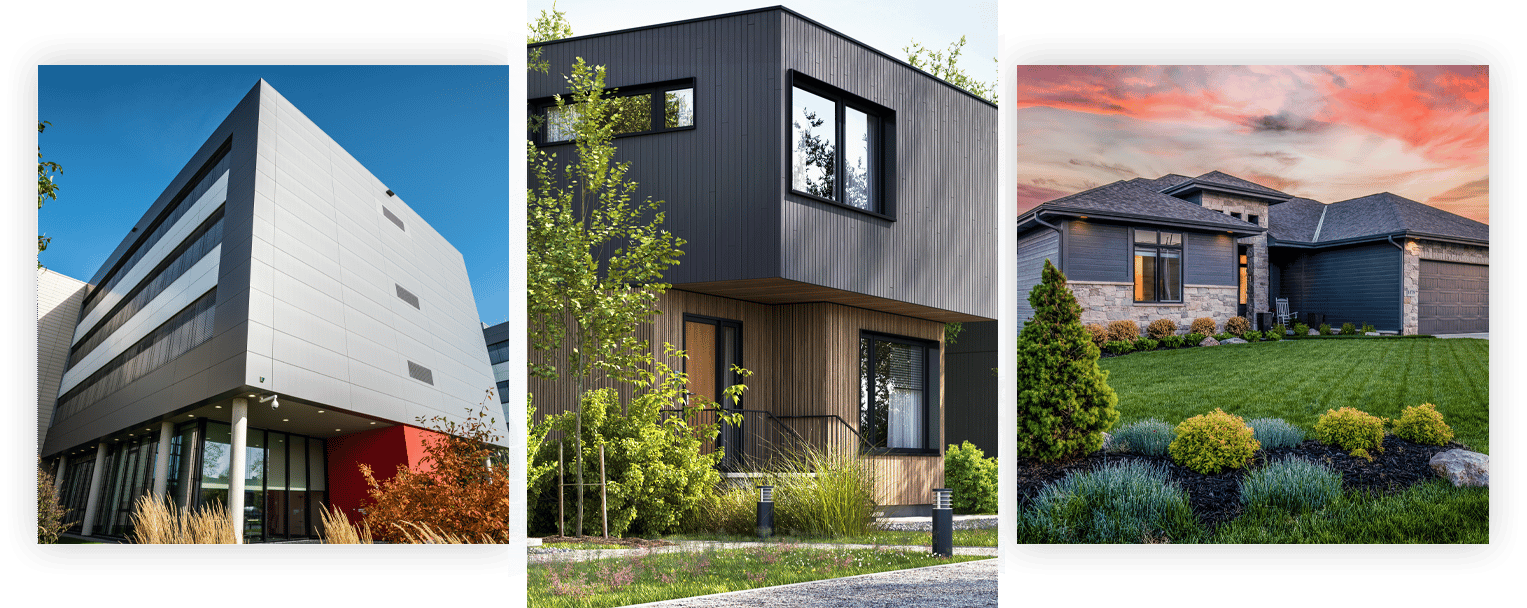 Modern, expensive commercial and residential properties with curated gardens and stylish architectural design