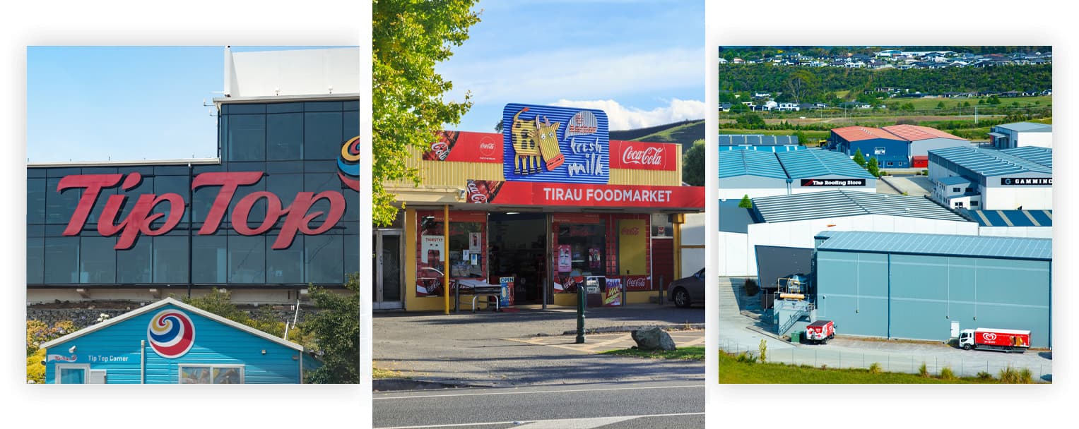 Tip top headquarters storefront logo, Tirau foodmarket dairy storefront, and several industrial warehouses in the townside