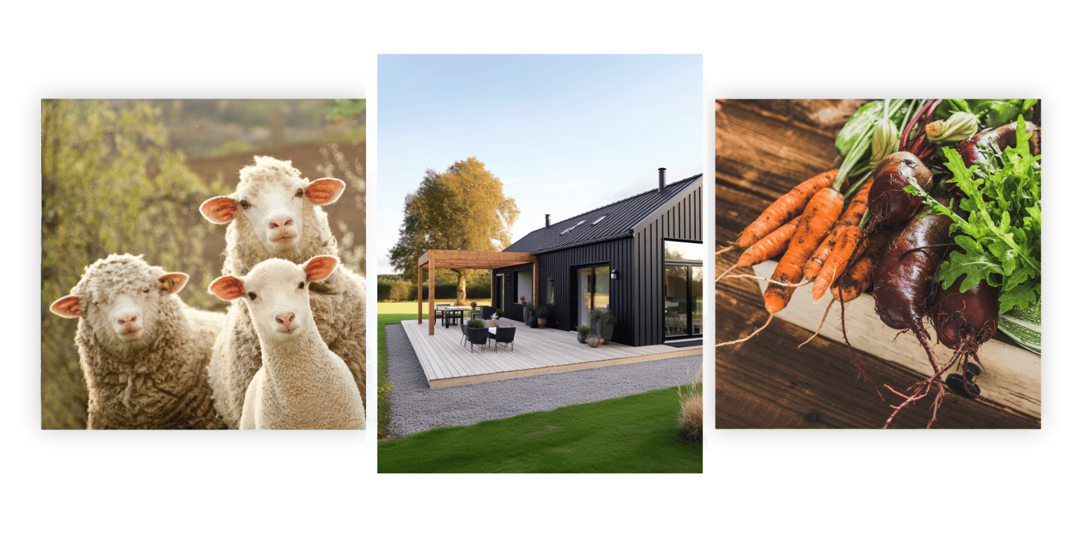 three sheep in a field, a timber new build home, fresh organic produce