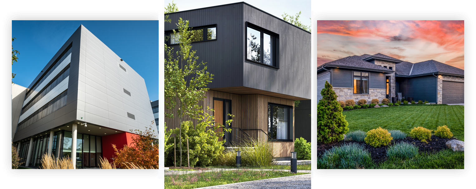 Modern, expensive commercial and residential properties with curated gardens and stylish architectural design