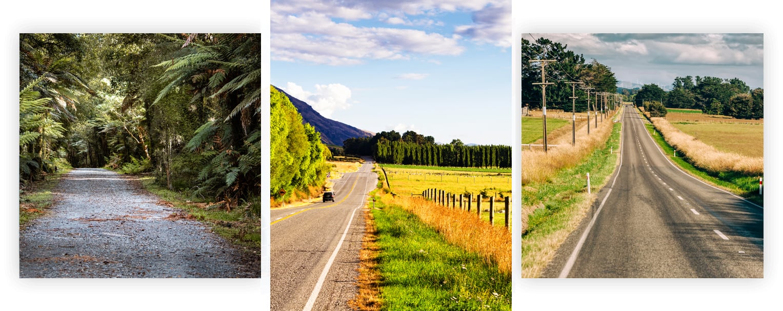 Stoney reserve walkway amongst the bush, and two rural highways with neighbouring farm paddocks