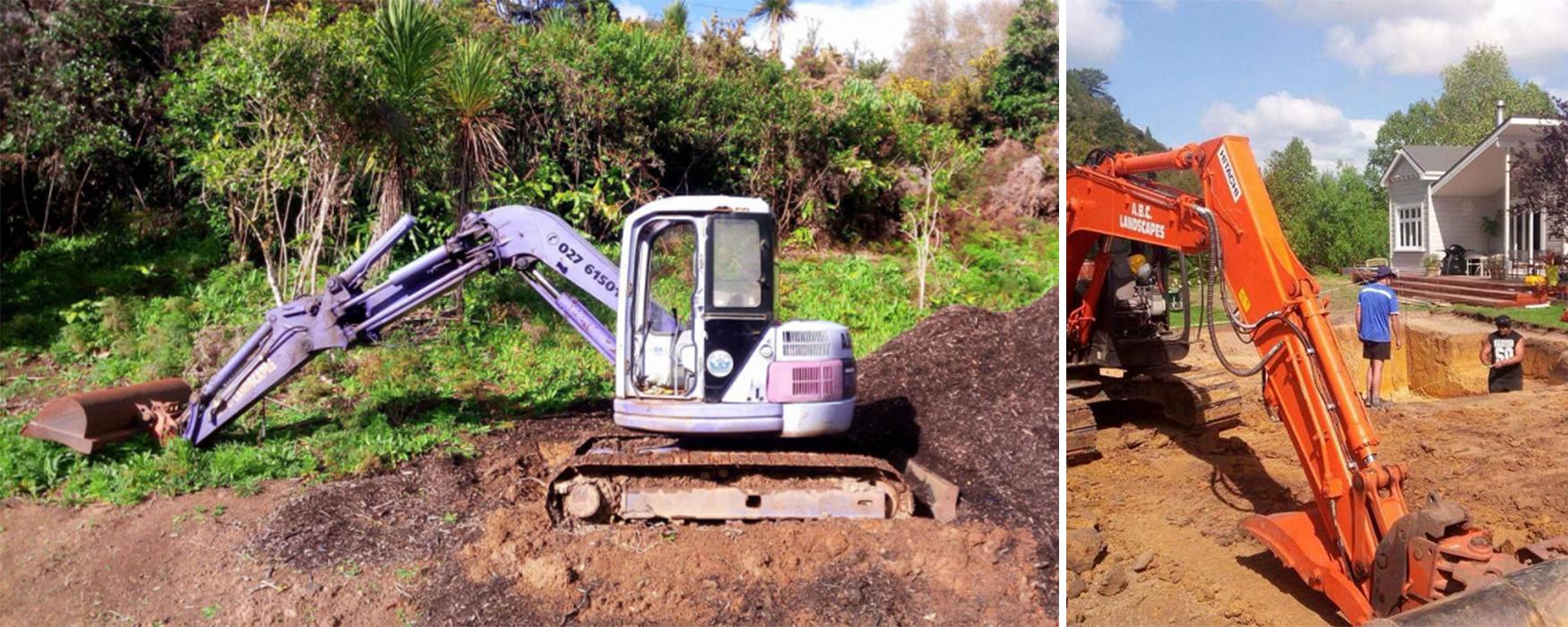 The ABC Excavation and landscaping team with a Vibrant orange digger and a smaller blue digger excavating earth in a residential property's backyard