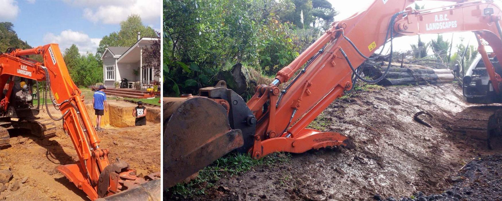 The ABC Excavation and landscaping team with a Vibrant orange digger excavating earth in a residential property's backyard