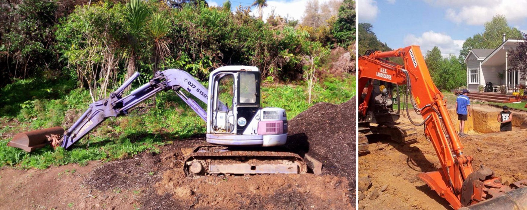 The ABC Excavation and landscaping team with a Vibrant orange digger and a smaller blue digger excavating earth in a residential property's backyard