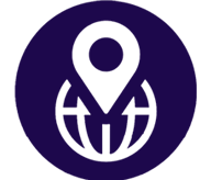 blue and white badge with the location and earth symbol