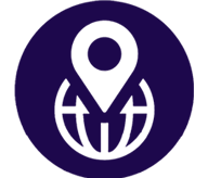 blue and white badge with the location and earth symbol