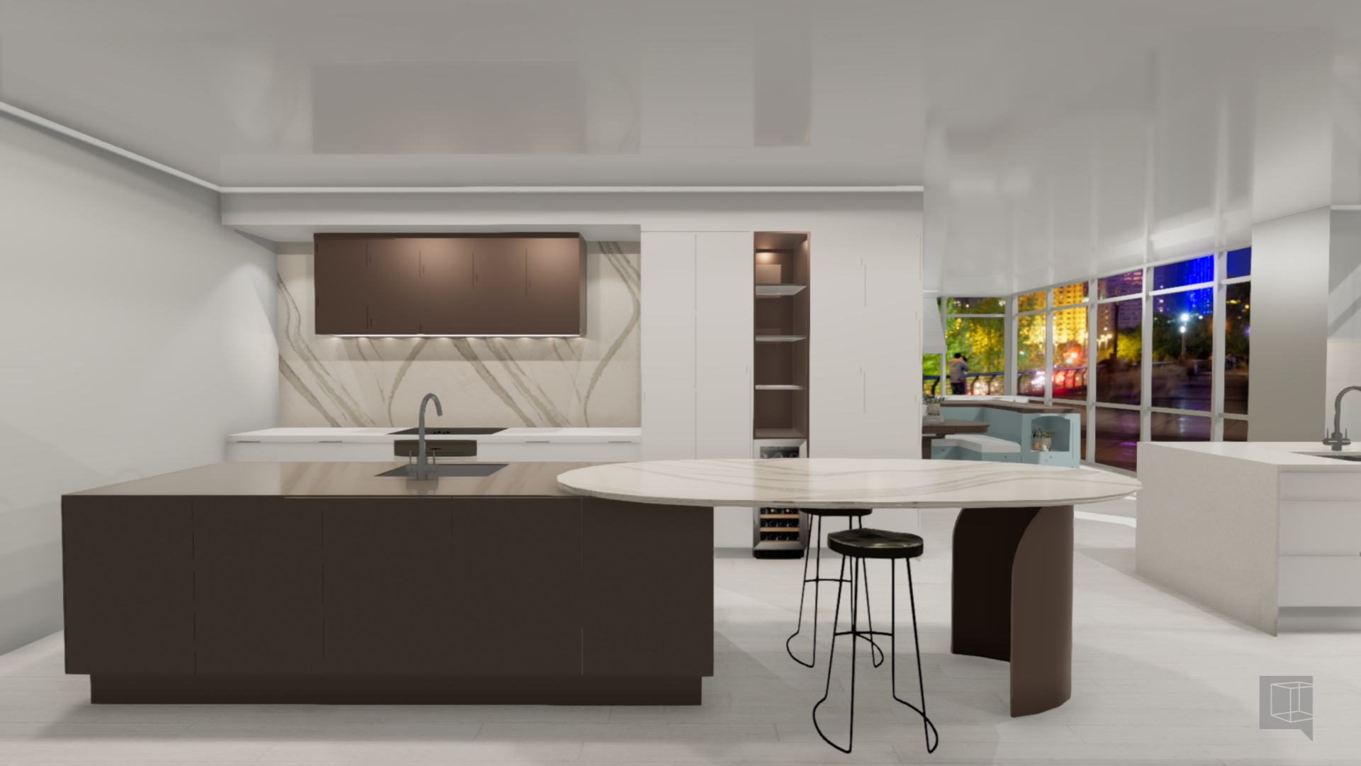 Extremely spacious apartment kitchen with a uniquely designed island-dining table combo