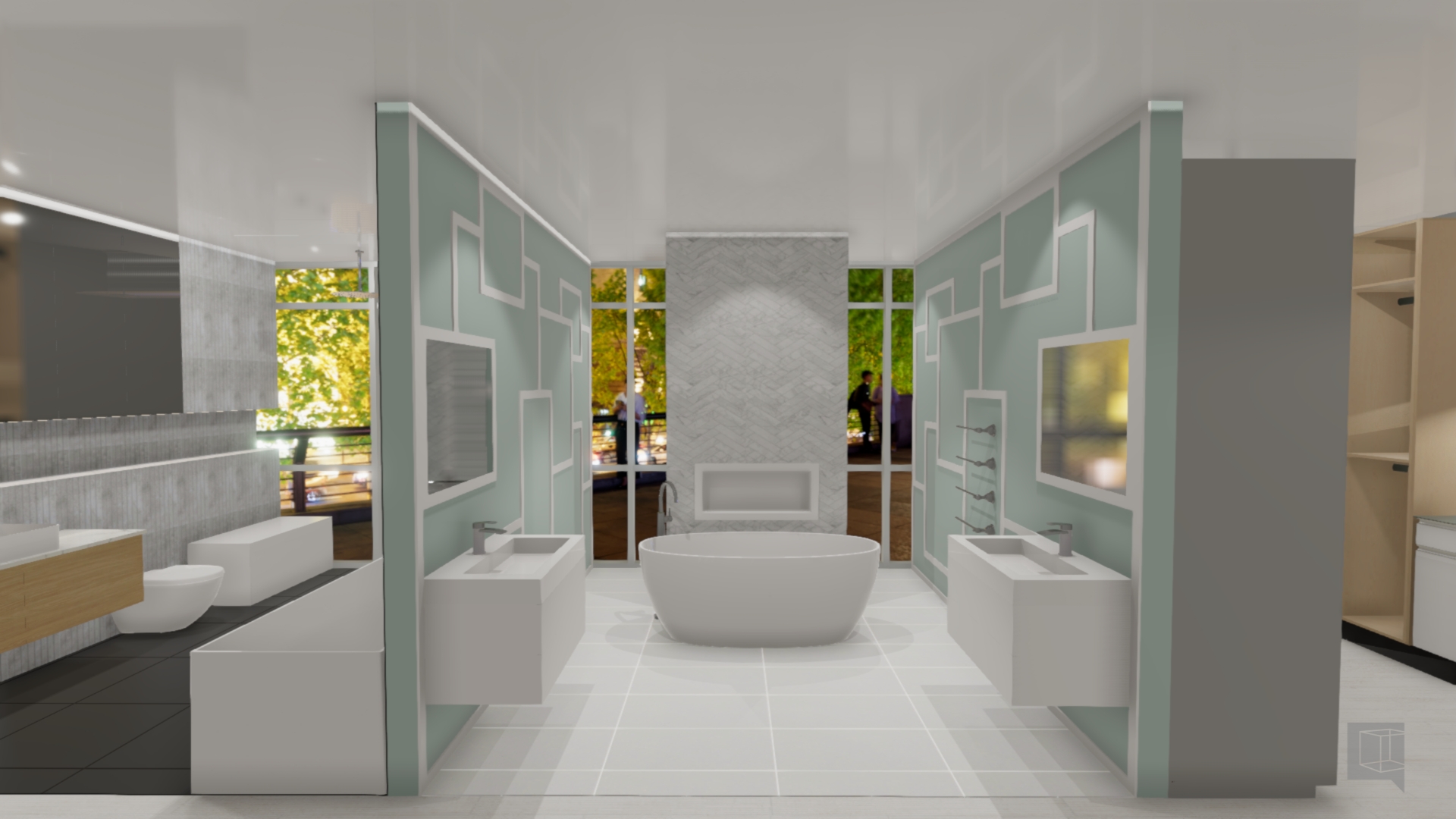 Bathroom design concept with a grand bathtub centerpiece and two turquoise walls dividing the room into three carefully thought out sections