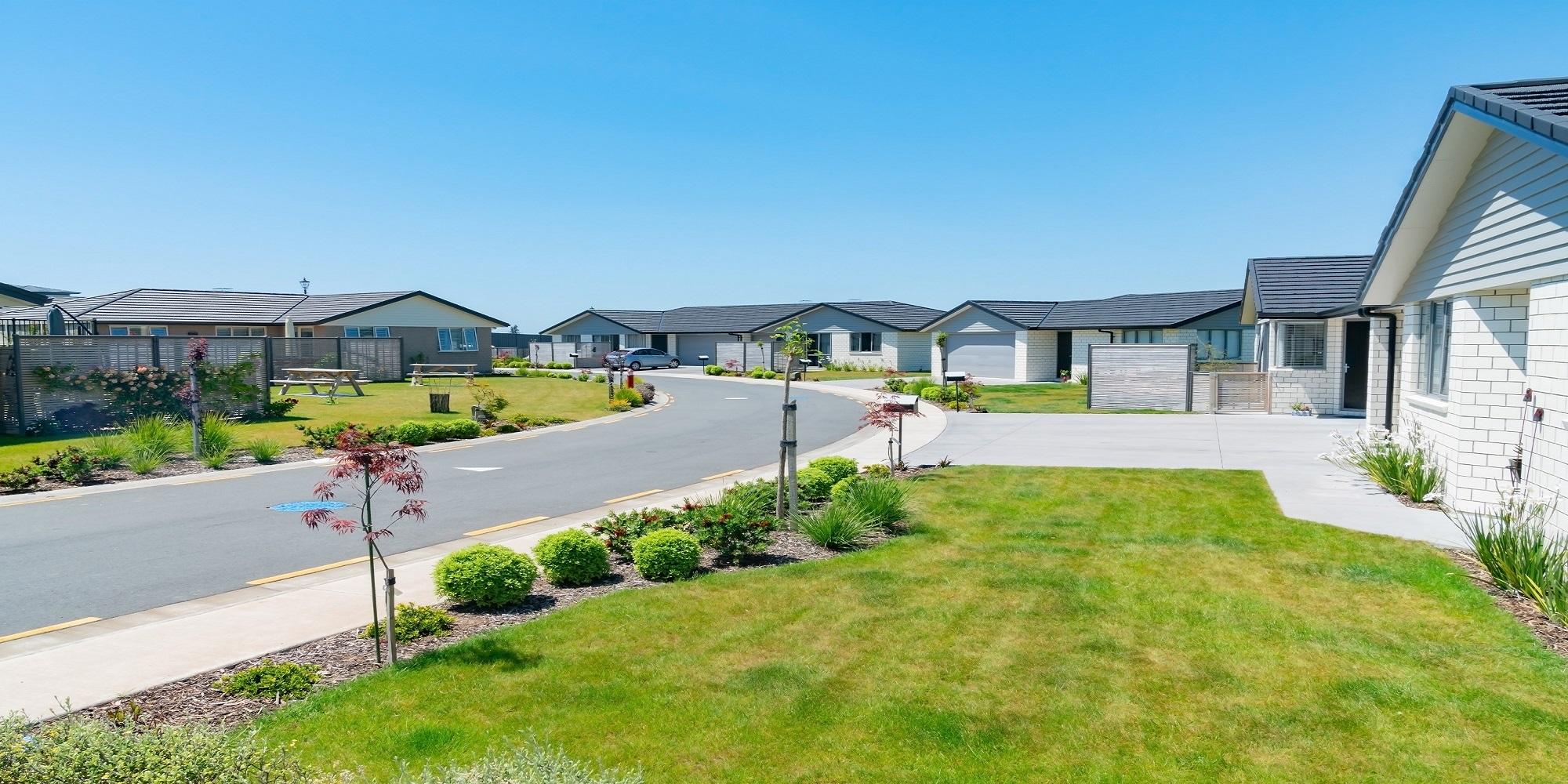Well-kept new Auckland subdivision with vibrant green grass, trimmed bushes and modern new houses lining the entire street