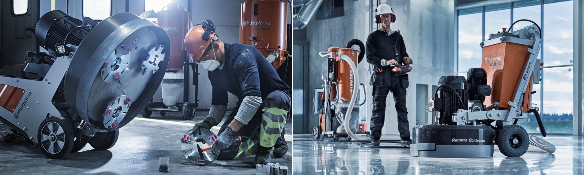 Floorman Waikato team members using heavy flooring machinery to polish and texture concrete flooring