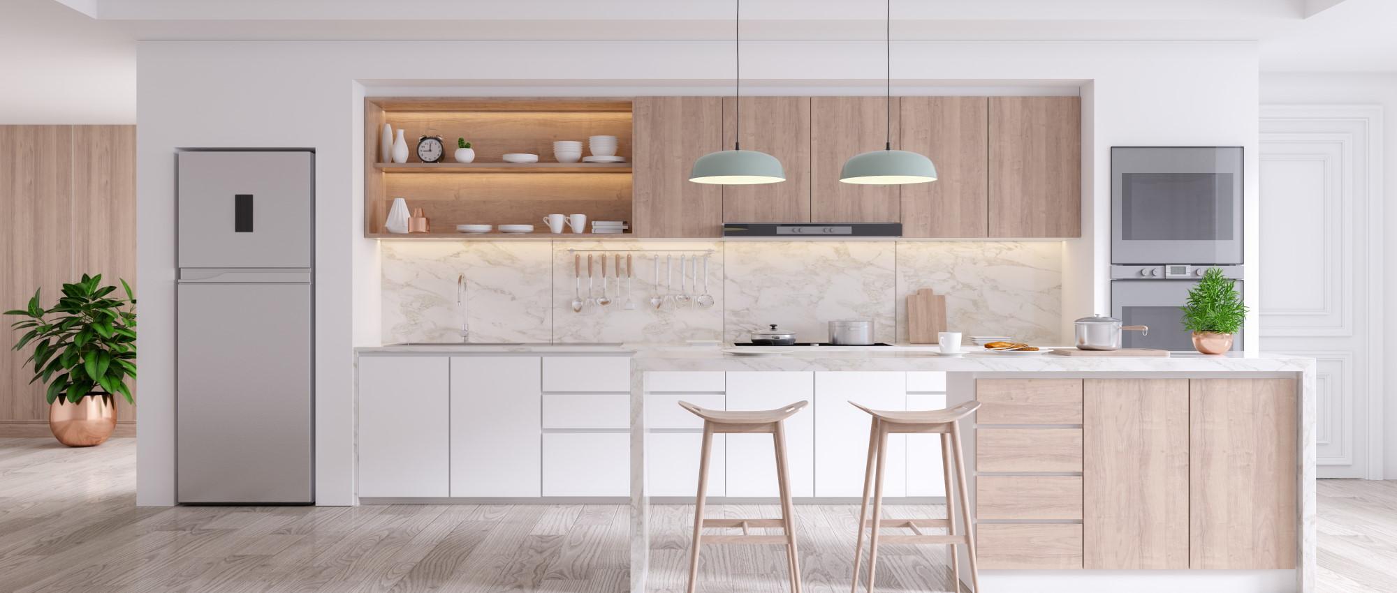Beautifully designed minimalistic and kitchen with a mixture of white and birch wood colours and futuristic appliances