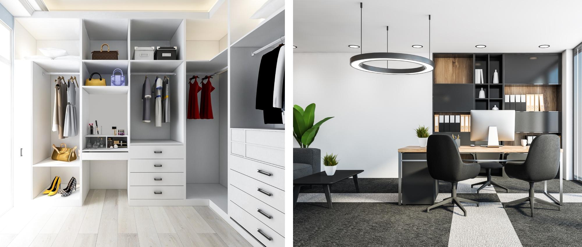 Spacious and efficiently designed wardrobe and office spaces with a lot of white and contrasting furniture