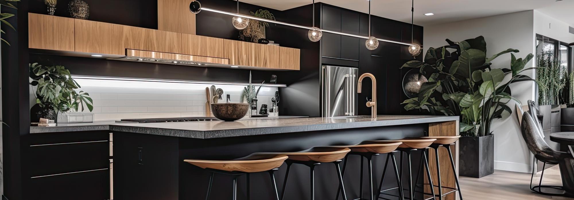 Flash black kitchen with wooden accenting overhead cabinets and barstools