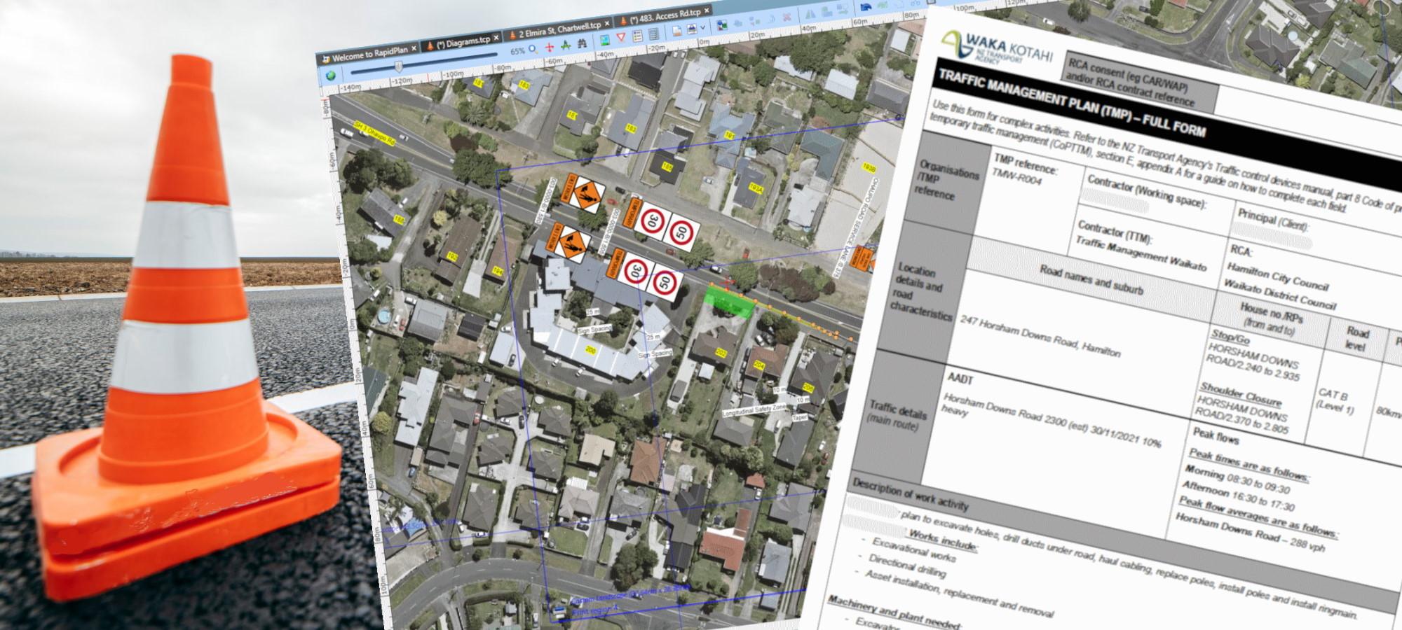 Two orange cones next to a birds eye view of a roadworks traffic management plan