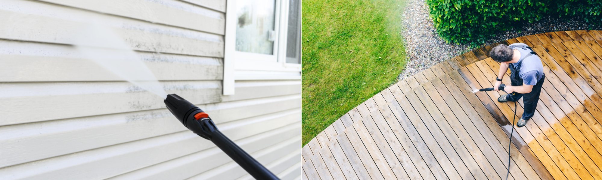 Hose washing white house, and and person washing deck.