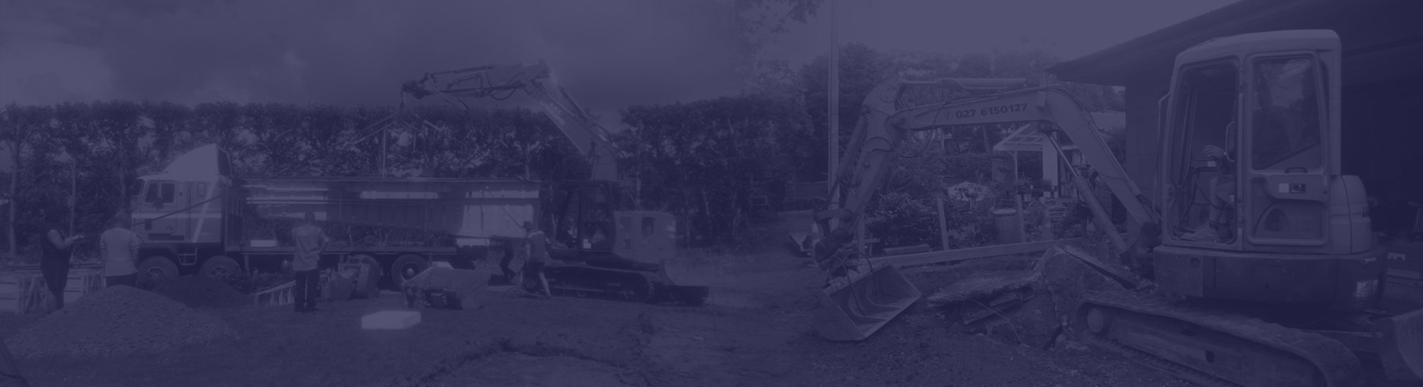 Orange digger excavating the front yard of an Auckland home and lifting a pool off the back of a truck to put in the ground