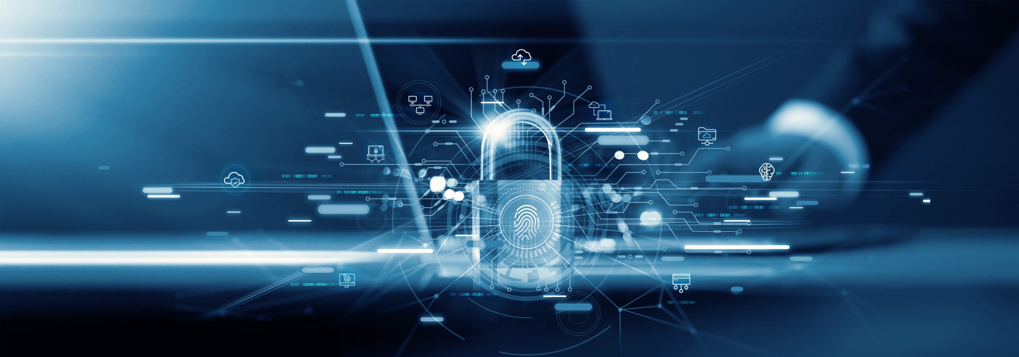 Padlock with a thumbprint linking out to different processes in a hologram of a network