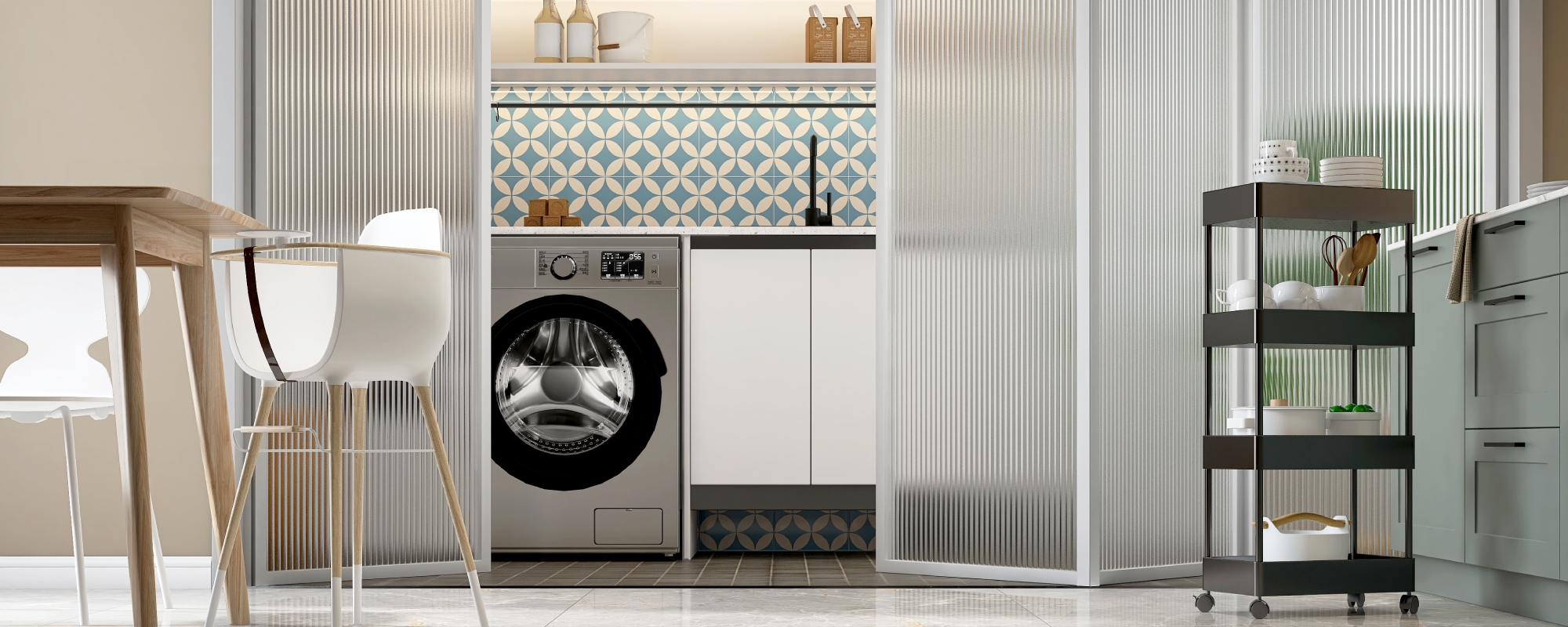 Laundry room with a teal and white pattern splashback, divided from the dining room by a blurred glass folding wall