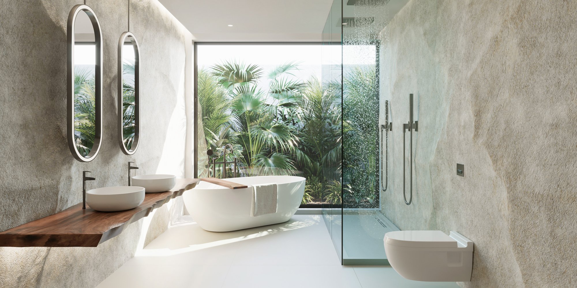 Newly renovated elegant bathroom with an encompassing window, large double shower and window-side bathtub