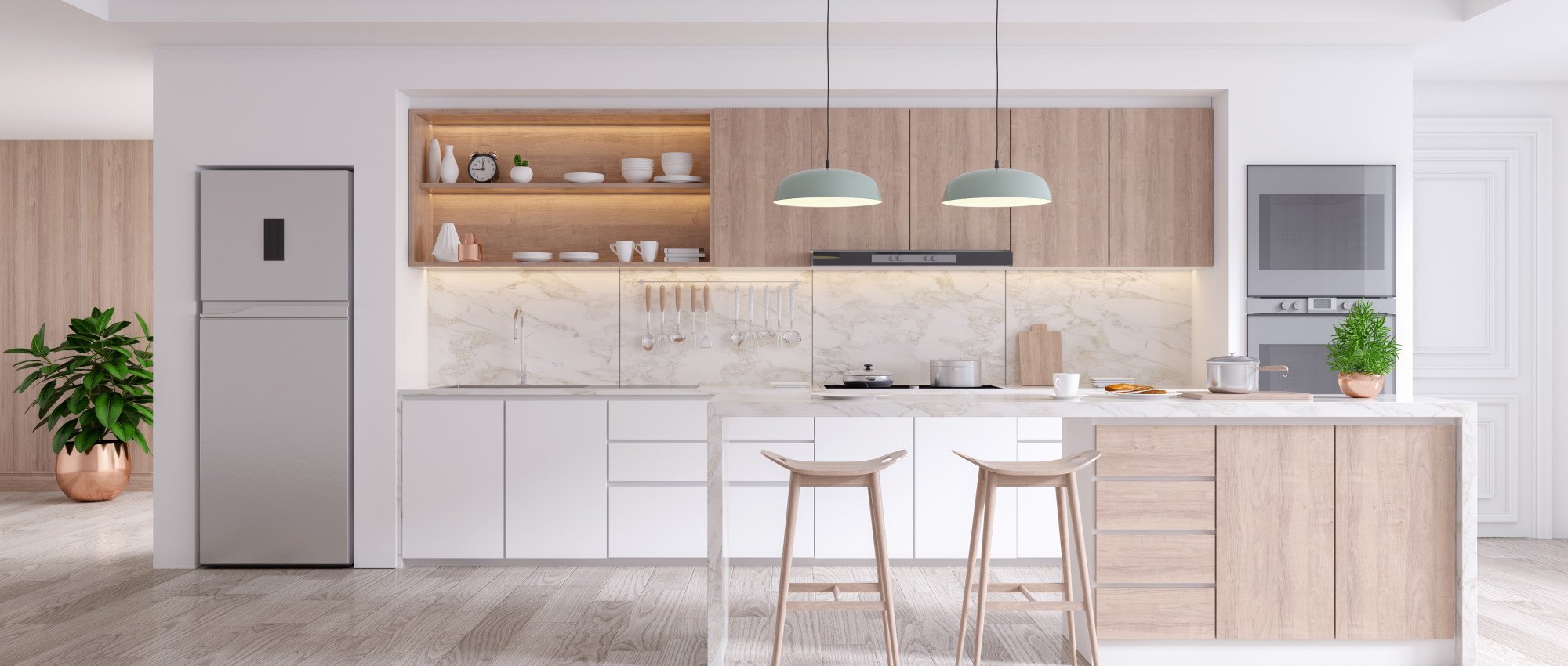 Beautifully designed minimalistic and kitchen with a mixture of white and birch wood colours and futuristic appliances