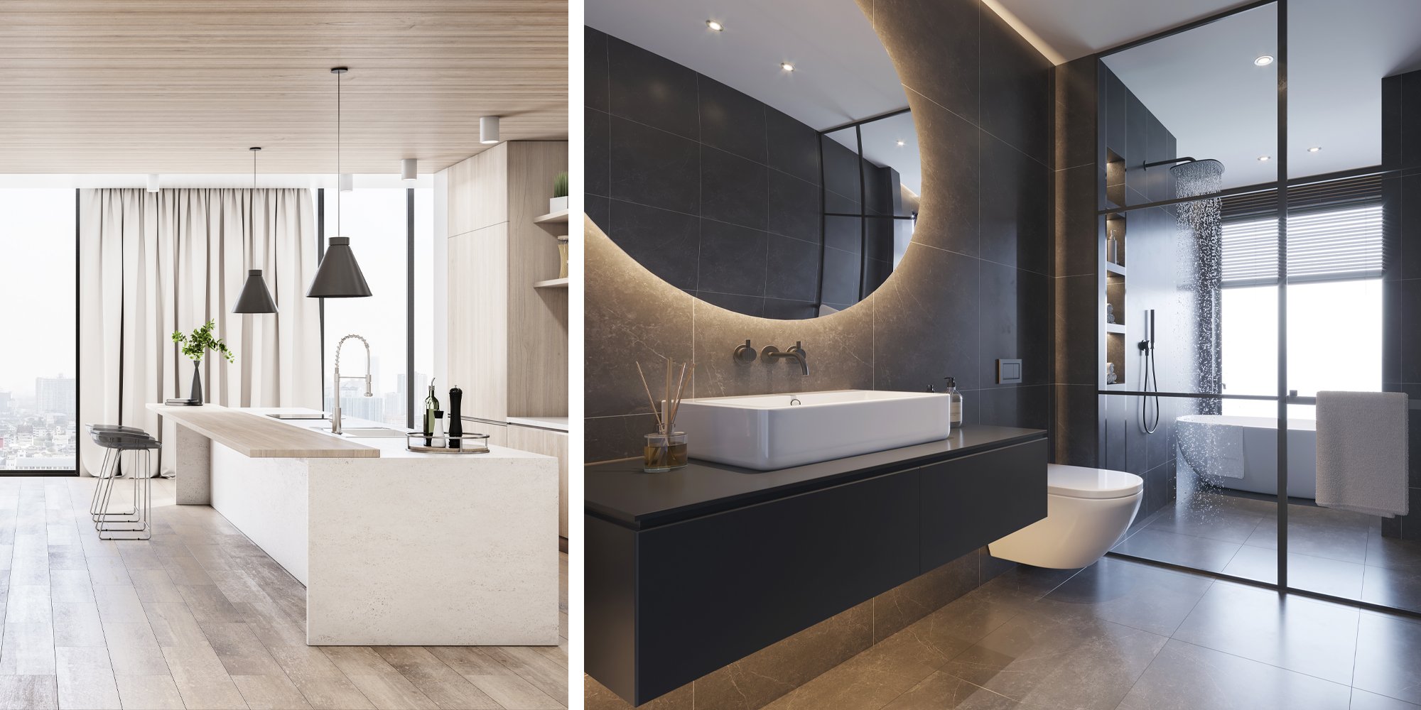 Minimalistic kitchen with a white and muted tone vibe, contrasted by a dark stone bathroom with shiny white fixtures