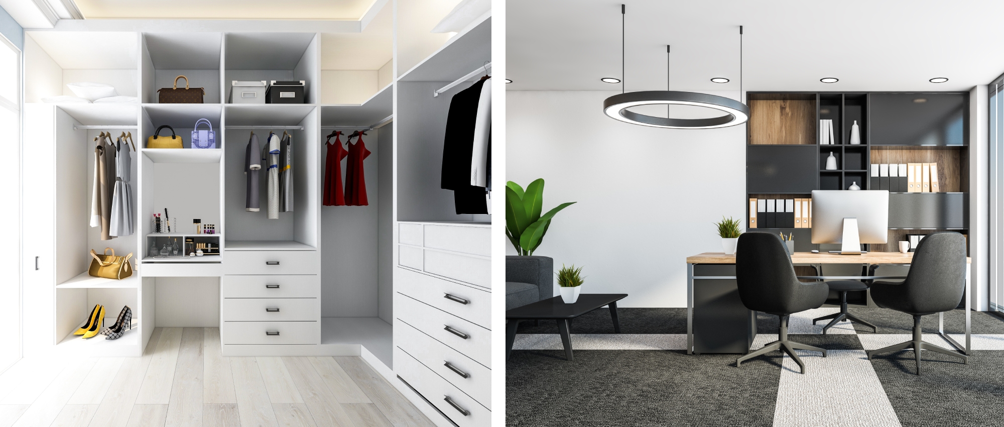 Spacious and efficiently designed wardrobe and office spaces with a lot of white and contrasting furniture