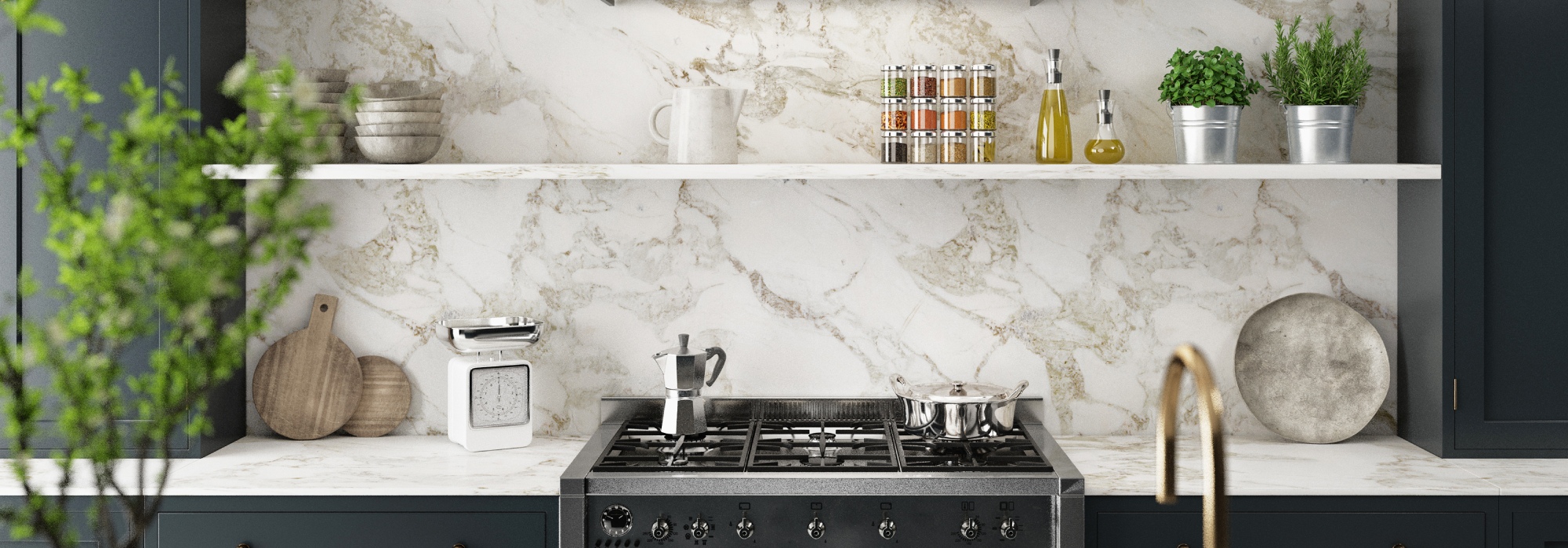 Large white marble backsplash above an industrial-looking gas oven