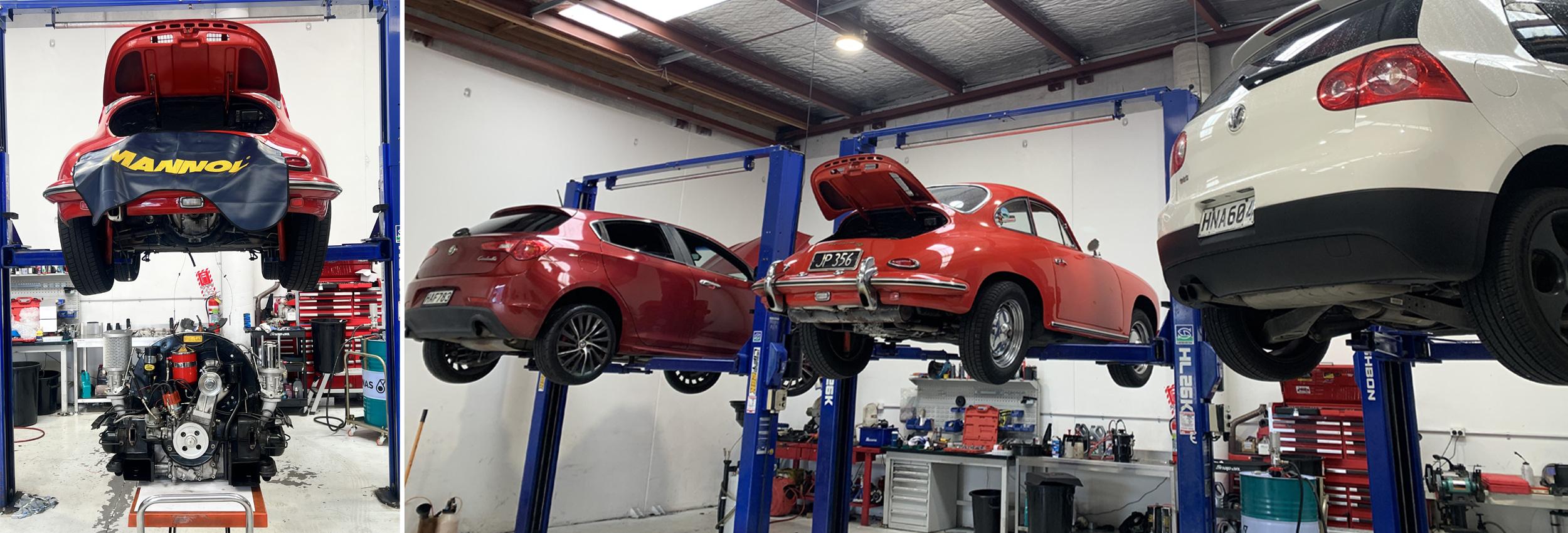 Several vehicles elevated in the Motor Works Group shop, getting their engines rebuilt