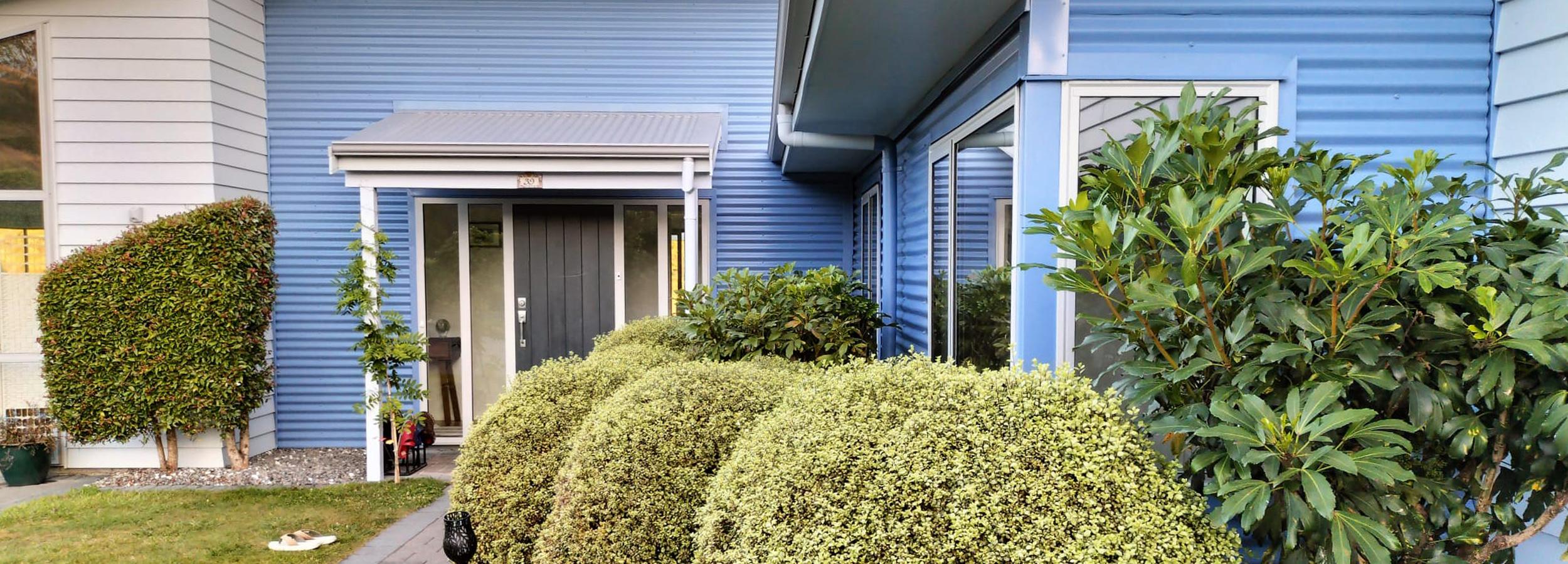 Residential front entrance with weatherboard painted several shades of blue, a navy door and a beautiful green garden to make it all pop