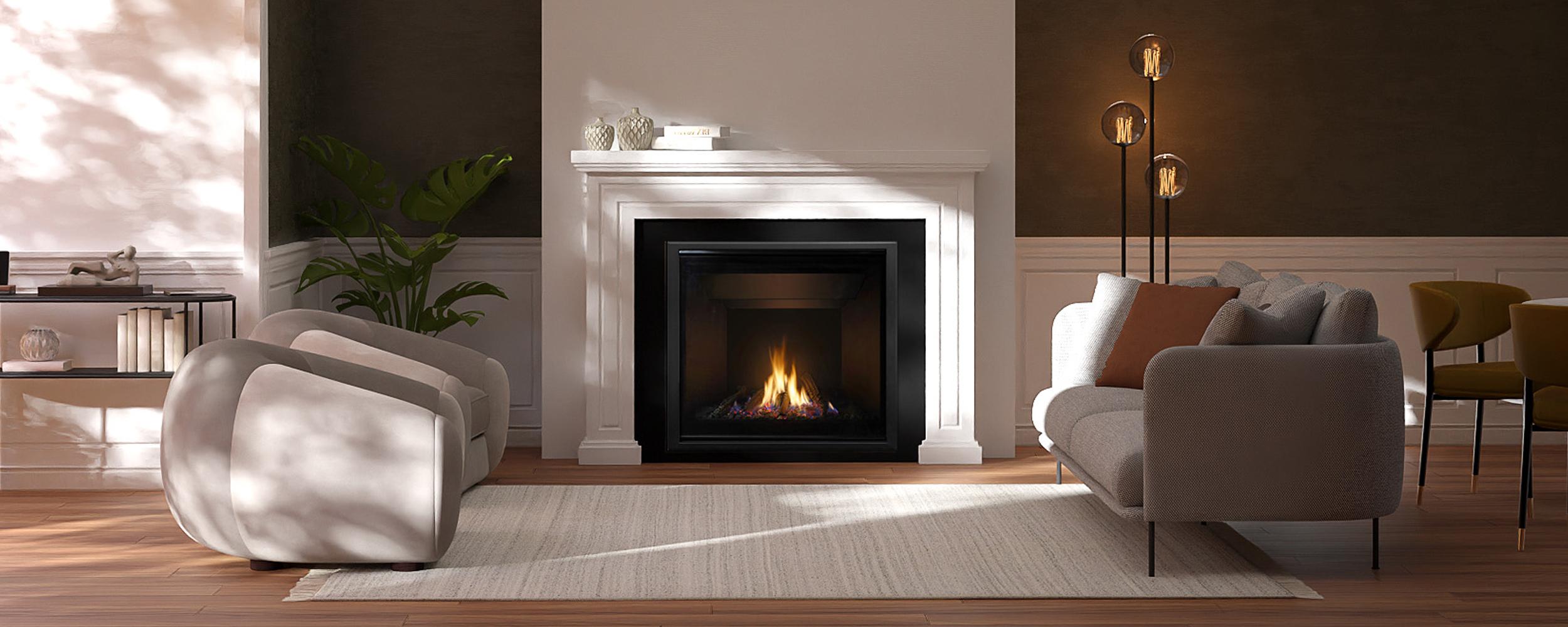 Minimalist living room with comfortable furniture with an black inbuilt gas fire that demands your attention