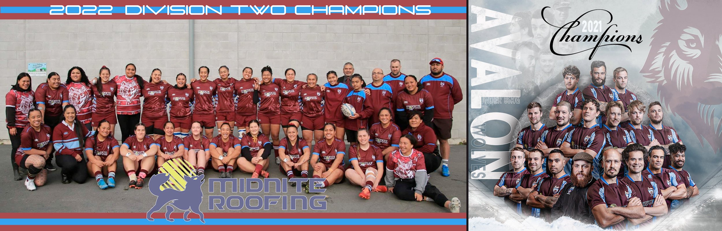 2022 division two rugby champions team photo alongside the 2021 upper hutt squash club champion team