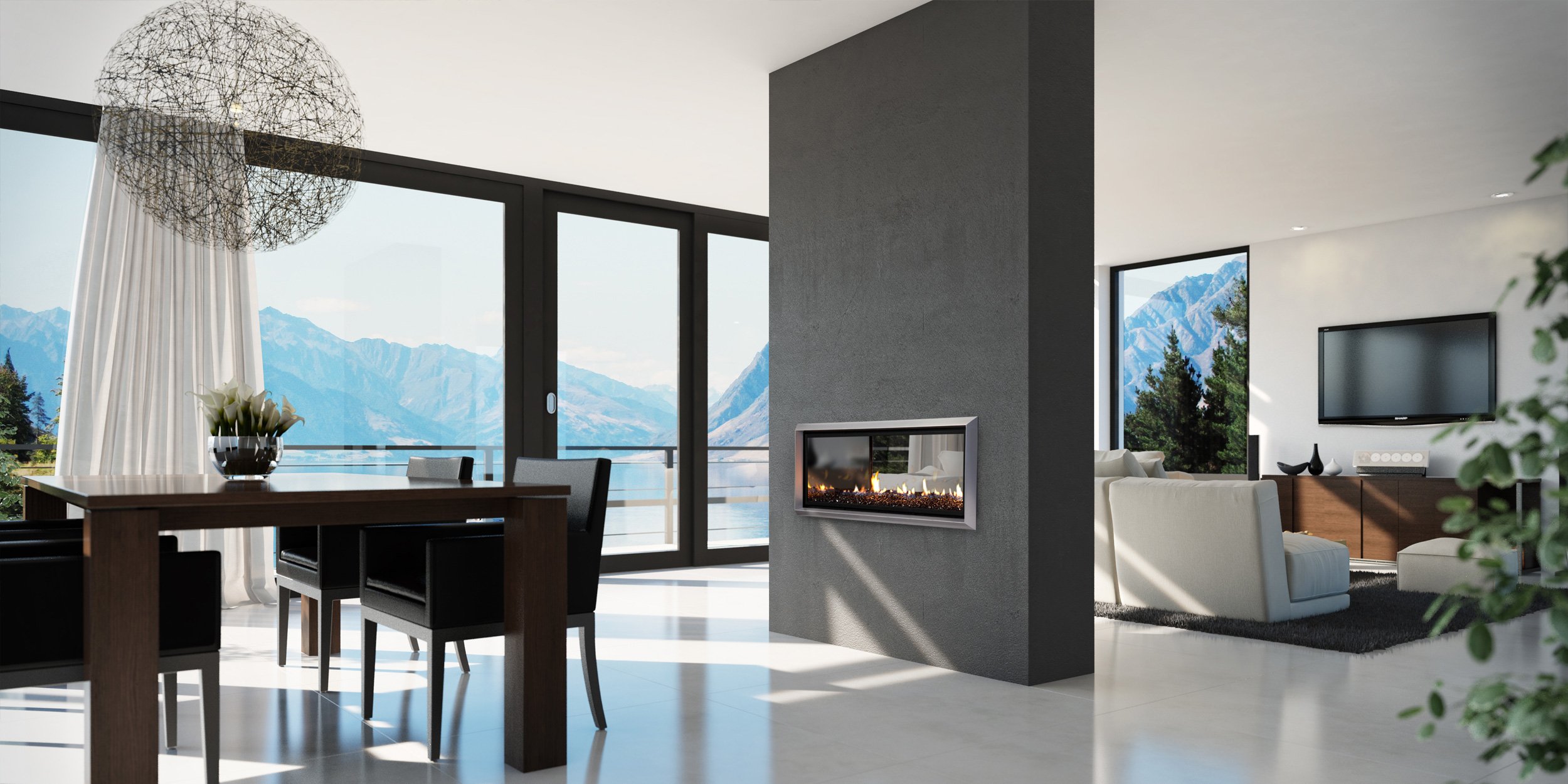 Modern white living room interior and a prominent black double sided inbuilt gas fire in the centre