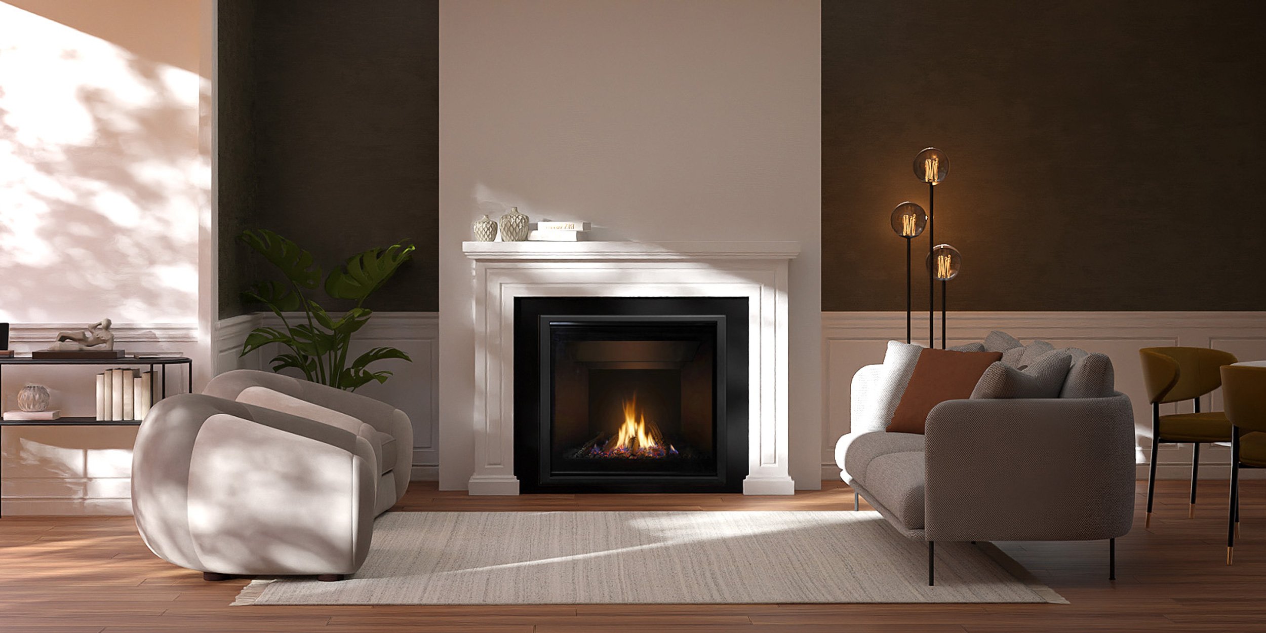 Minimalist living room with comfortable furniture with an black inbuilt gas fire that demands your attention