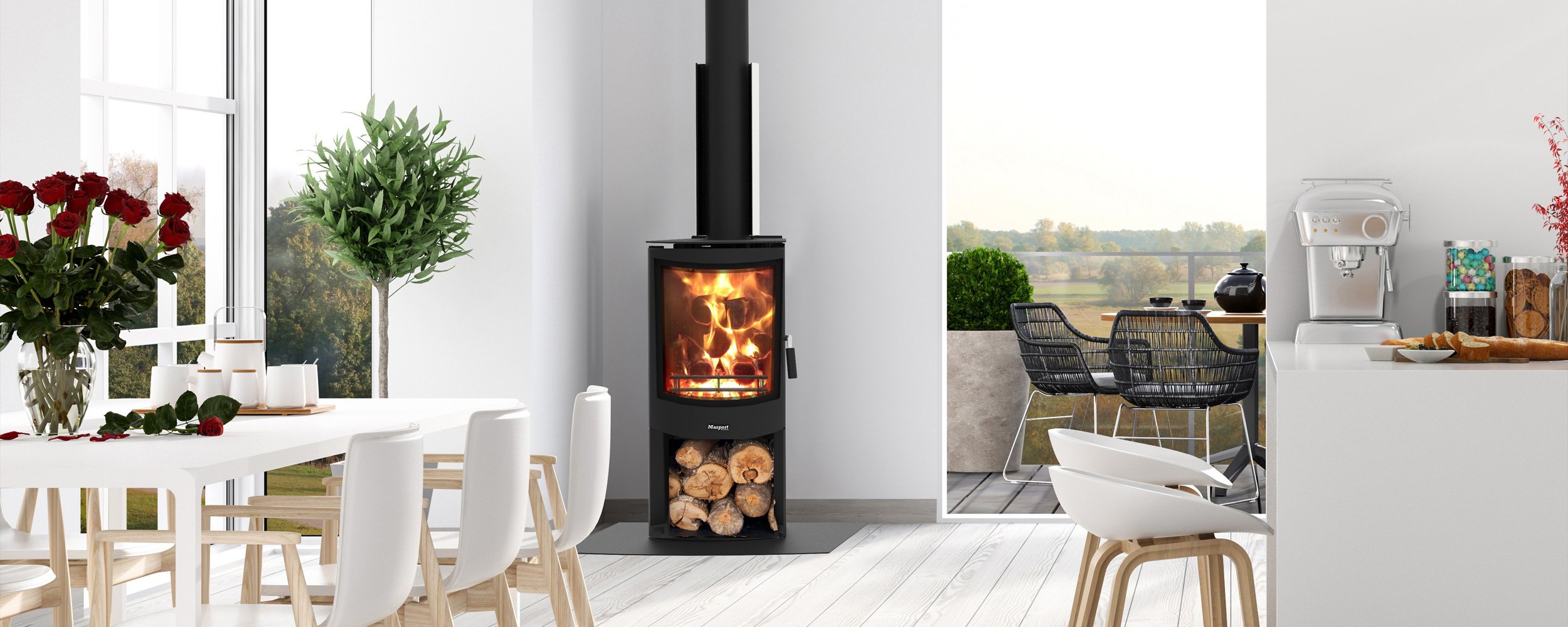 Clean white kitchen/dining area with pinches of greenery and a sleek tall black freestanding wood fire in the corner 
