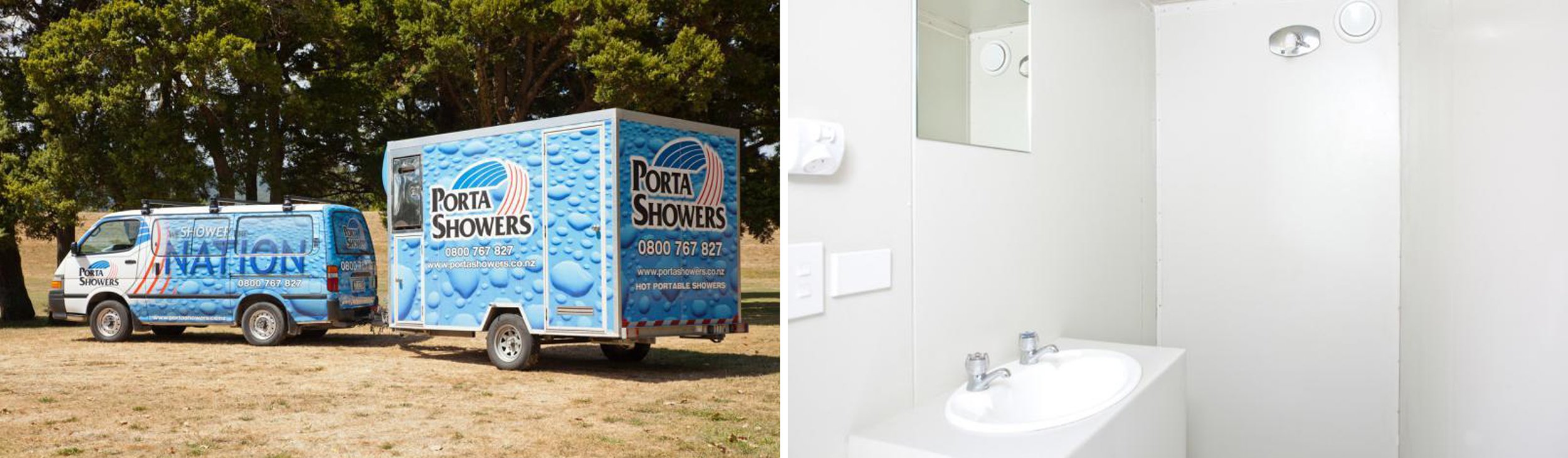 a Van towing a portable shower trailer unit parked in a dead grass field with trees covering the background