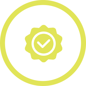 Yellow-green verification badge with a tick in a outline of a circle