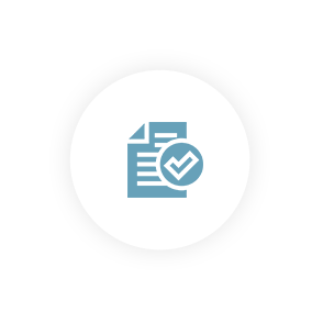 Blue document and tick logo in a white circle