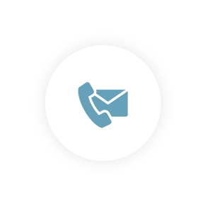 Blue mail and phone logo in a white circle